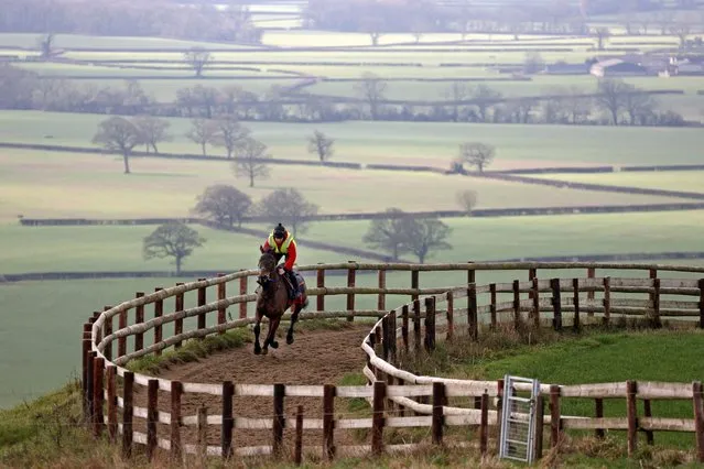 A jockey rides a race horse on the gallops during a press day at trainer Paul Nicholls' Manor Farm stables in Ditcheat near Shepton Mallet, southwest England, on February 27, 2023. (Photo by Adrian Dennis/AFP Photo)