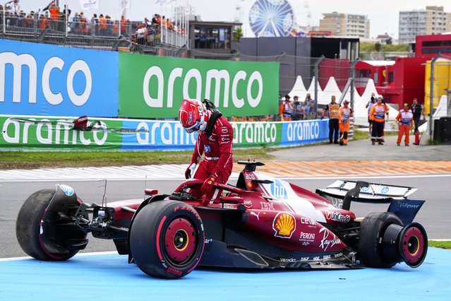 Ferrari driver Charles Leclerc of Monaco gets put of the car after a crash during the Formula One Dutch Grand Prix in Zandvoort, Netherlands, Sunday, August 31, 2025. (Photo by Peter Dejong/AP Photo)