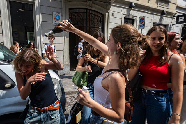 Students from the Liceo Parini school celebrate the end of term in Milan, Italy on June 6, 2024. (Photo by Marco Ottico/LaPresse/Rex Features/Shutterstock)