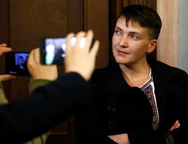 Ukrainian lawmaker Nadiya Savchenko poses following a hearing against Moscow's sentencing of Ukrainian prisoners Stanislav Klykh and Mykola Karpyuk, who were found guilty of fighting against Russian troops during the Chechen War in the 1990s, at Russia's Supreme Court in Moscow, Russia, October 26, 2016. (Photo by Sergei Karpukhin/Reuters)