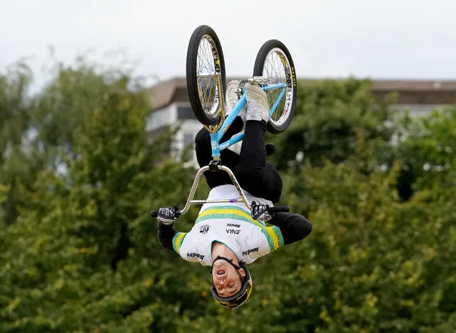 Australia's Logan Martin takes part in the men's BMX Freestyle Park Final during the UCI Cycling World Championships in Glasgow, Scotland on August 7, 2023. (Photo by Maja Smiejkowska/Reuters)