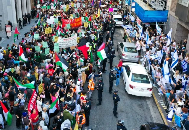 Almost a thousand of protesters are gathered outside of the Israeli Consulate for “Free Palestine” rally as the protest heats up with Israeli protesters who respond in San Francisco, California, United States on October 08, 2023. (Photo by Tayfun Coskun/Anadolu Agency via Getty Images)