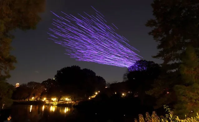 1000 drones take off over The Lake in Central Park during an aerial performance exploring the relationship between man, nature, and technology on October 21, 2023, in New York City. (Photo by Gary Hershorn/Getty Images)