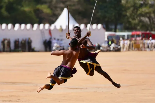 Indian army personnel of Madras Engineering Group (MEG) show their martial arst skills during the 75th Republic Day parade in Bangalore, India, 26 January 2024. The Republic Day of India' marks the date on which the Constitution of India came into force on 26 January 1950 and the country began its transition from a British Dominion into a republic. The celebrations of Republic Day usually include various parades with shows of military equipment and cultural displays. (Photo by Jagadeesh N.V./EPA/EFE)