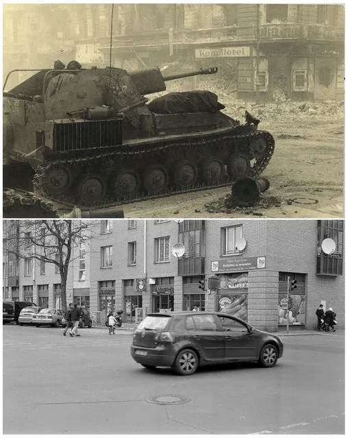 A combination photo shows a Russian armoured vehicle at Ritter Street or Alexandrinen Street in this undated photo taken May 1945 in Berlin (top) and at the same location (bottom) April 21, 2015. (Photo by Georgiy Samsonov (top)/Fabrizio Bensch (bottom)/Reuters/MHM)