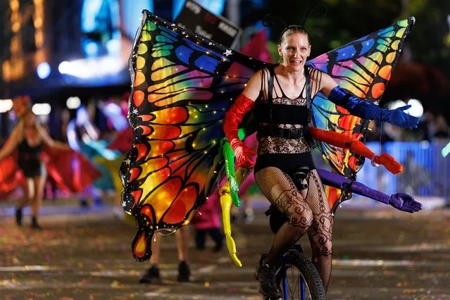 A unicycle rider with rainbow butterfly wings on Oxford Street during the Sydney Gay & Lesbian Mardi Gras Parade on March 02, 2024 in Sydney, Australia. (Photo by Paul Braven/AAP Photo)