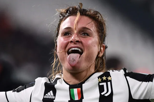 Juventus' Italian forward Cristiana Girelli celebrates after scoring an equalizer during the UEFA Women's Champions League Group A football match between Juventus and Wolfsburg on November 09, 2021 at the Juventus stadium in Turin. (Photo by Marco Bertorello/AFP Photo)