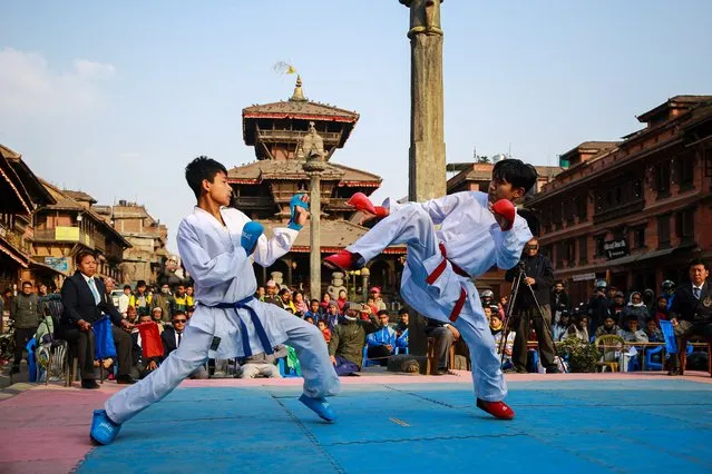Students from various schools are participating in the Bhaktapur Municipal School-level Karate Competition, organized by the Bhaktapur Municipality in Bhaktapur, on February 9, 2024. (Photo by Amit Machamasi/NurPhoto/Rex Features/Shutterstock)