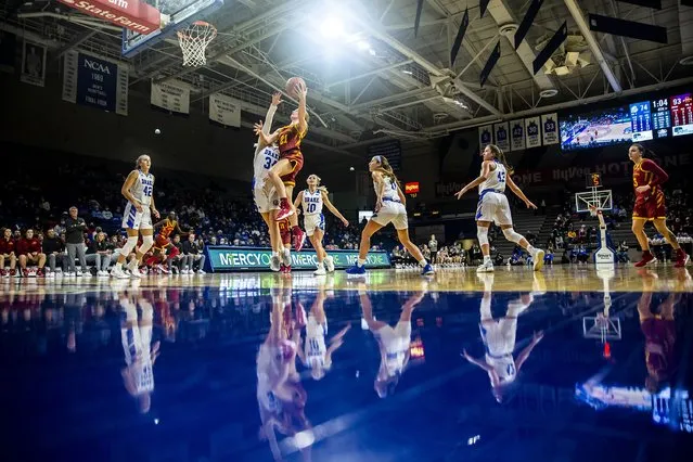 Iowa State's Lexi Donarski goes to the hoop for a lay-up against Drake during an NCAA college basketball game, Thursday, November 18, 2021, at the Knapp Center in Des Moines, Iowa. (Phoot by Kelsey Kremer/The Des Moines Register via AP Photo)
