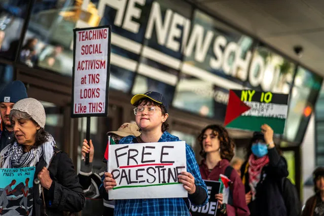 People demonstrate outside The New School University Center, as the Protest encampment continues in support of Palestinians, amid ongoing conflict between Israel and the Palestinian Islamist group Hamas, in New York City, April 23, 2024. (Photo by Eduardo Munoz/Reuters)