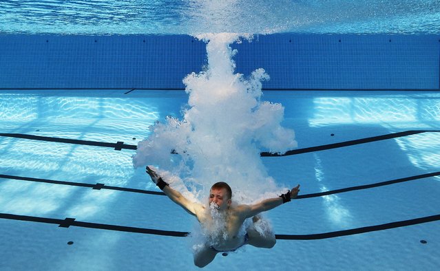 Joshua Hedberg of Team USA resurfaces from a training dive before during the International Open Diving Championships 2024 at the Olympic Aquatics Centre on May 08, 2024 in Paris, France. (Photo by Adam Pretty/Getty Images)
