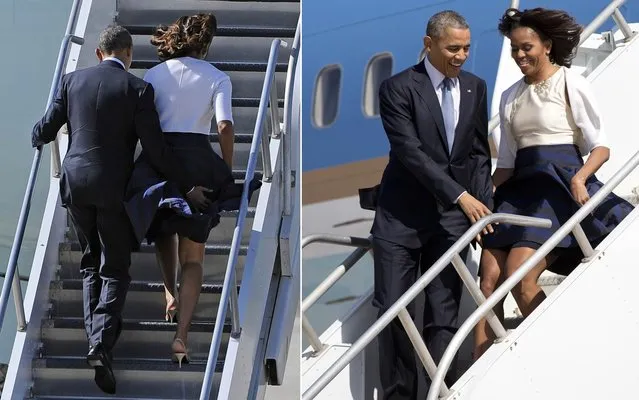 First lady Michelle Obama's dress is caught in the wind as she and President Barack Obama arrive at Austin-Bergstrom International Airport on Air Force One, Thursday, April 10, 2014, in Austin, Texas, en route to the LBJ Presidential Library to attend a Civil Rights Summit to commemorate the 50th anniversary of the signing of the Civil Rights Act. (Photos by Pat Sullivan/Carolyn Kaster/AP Photo)