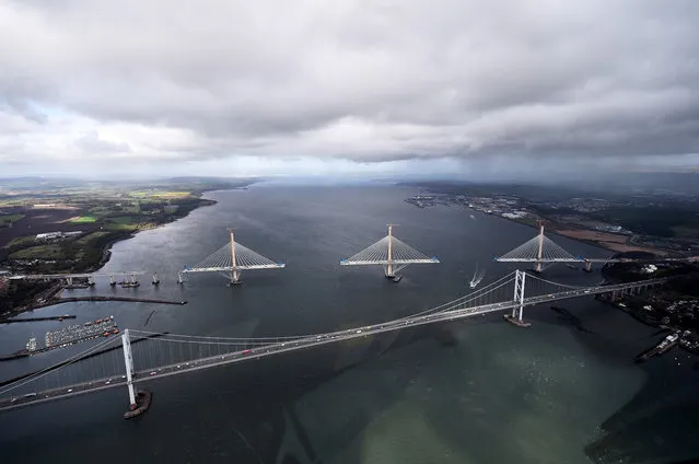 The Queensferry Crossing is seen from the window as Scottish Conservative leader Ruth Davidson travels in a helicopter during a coast-to-coast tour as campaigning continues for the Holyrood election on May 3, 2016 in Dunfermline, United Kingdom. As campaigning for the Holyrood election enters its last forty eight hours, recent polls suggest the Conservatives are virtually neck-and-neck with Labour in the race to be the main opposition party in Scotland. (Photo by Jeff J Mitchell/Getty Images)