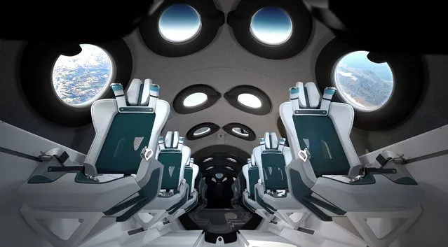 Undated Photo of Virgin Galactic Spaceship Cabin Interior. Richard Branson, the billionaire founder of Virgin Galactic, will launch aboard the company's first fully crewed suborbital flight of its SpaceShipTwo spaceplane on July 11, 2021. The Unity22 mission is serving as a test flight as the company prepares to offer the experience of space to consumers. (Photo by Virgin Galactic/ZUMA Wire/Rex Features/Shutterstock)