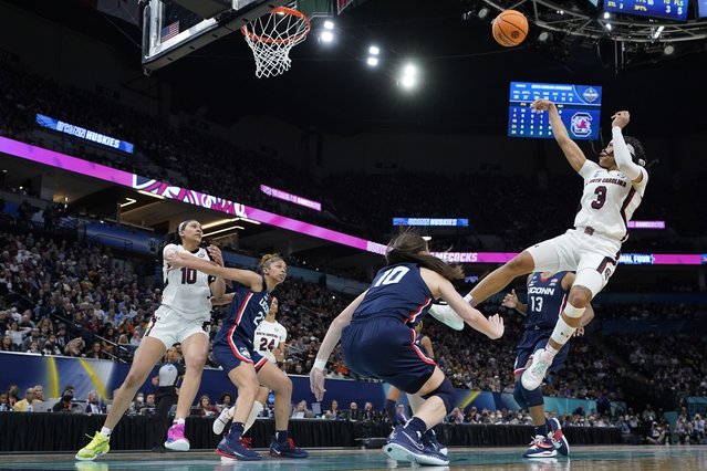 South Carolina's Destanni Henderson shoots during the second half of a college basketball game in the final round of the Women's Final Four NCAA tournament Sunday, April 3, 2022, in Minneapolis. (Photo by Eric Gay/AP Photo)
