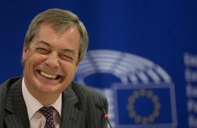 Brexit Party leader Nigel Farage speaks during a media conference at the European Parliament in Brussels, Wednesday, January 29, 2020. The U.K. is due to leave the EU on Friday, Jan. 31, 2020, the first nation in the bloc to do so. It then enters an 11-month transition period in which Britain will continue to follow the bloc's rules while the two sides work out new deals on trade, security and other areas. (Photo by Virginia Mayo/AP Photo)