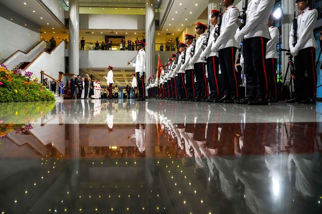 The President of the Singapore Republic Tharman Shanmugaratnam with Minister of Culture, Community and Youth Edwin Tong, the Ambassador of Singapore to the Holy See Ang Janet Guat Har and other authorities wait for Pope Francis at the Parliament House in Singapore, Thursday, September 12, 2024. Pope Francis flew to Singapore on Wednesday for the final leg of his trip through Asia, arriving in one of the world's richest countries from one of its poorest after a record-setting final Mass in East Timor. (Photo by Gregorio Borgia/AP Photo)