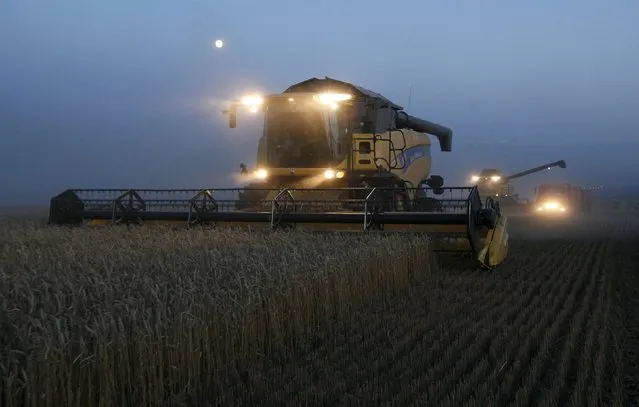 Combine harvesters work after sunset on a wheat field of the Solgonskoye farming company near the village of Talniki, southwest from Siberian city of Krasnoyarsk, Russia, August 27, 2015. (Photo by Ilya Naymushin/Reuters)