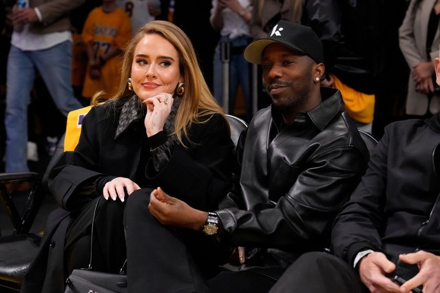 Singer Adele, left, sits alongside Rich Paul before the Los Angeles Lakers host the Utah Jazz in an NBA basketball game, Monday, February 10, 2025, in Los Angeles. (Photo by Mark J. Terrill/AP Photo)