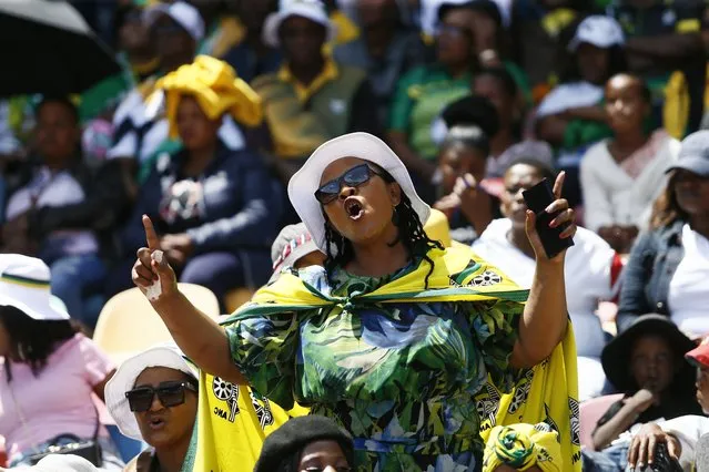 African National Congress (ANC) Party supporters react as the African National Congress party celebrate its 111th anniversary, at the Dr Molemela stadium, in Mangaung, South Africa, Sunday, January 8 2023. South Africa’s ruling African National Congress party on Sunday marked its 111th anniversary with celebratory events in Mangaung, Free State province, where the organization was founded in 1912. (Photo by AP Photo/Stringer)