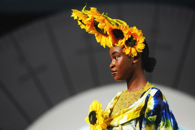 A model wears a creation by designer TRENDENCIAS X YUNIK WORKS during the Fashions Finest Africa Week in Lagos, Nigeria, Sunday, July 6, 2025. (Photo by Sunday Alamba/AP Photo)