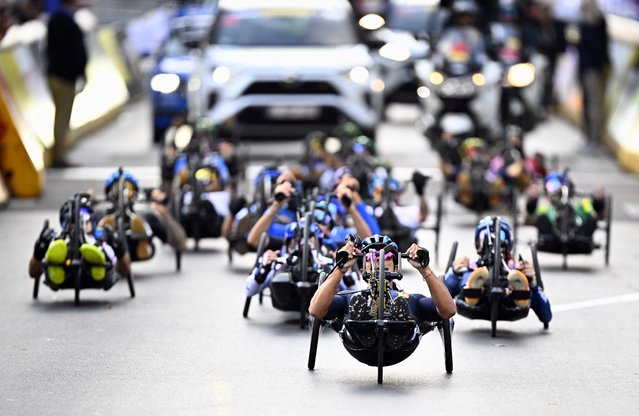 Competitors take part in the UCI Para-cycling Road World Championships, in Ronse, on August 30, 2025, in Ronse. The UCI Para-Cycling Road World Championships take place from August 28 to 31. (Photo by Jasper Jacobs/Belga via AFP Photo)
