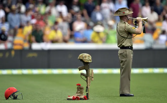 A bugler from the Australian Army plays to commemorate the 100th anniversary of the 1915 ANZAC landing at Gallipoli prior to the day one game of the first Test cricket match between Australia and New Zealand in Brisbane on November 5, 2015. (Photo by Saeed Khan/AFP Photo)