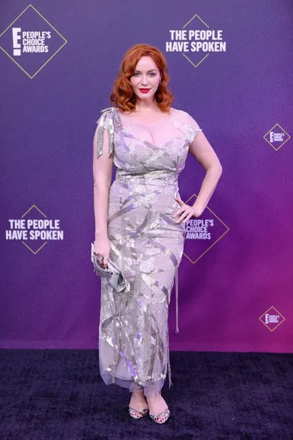 In this image released on November 15, American actress and former model Christina Hendricks arrives at the 2020 E! People's Choice Awards held at the Barker Hangar in Santa Monica, California and on broadcast on Sunday, November 15, 2020. (Photo by Rich Polk/E! Entertainment)
