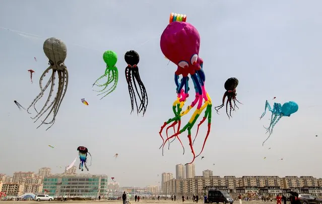 Kites in the shape of octopus fly during a kite festival on April 1, 2023 in Diqing, Heilongjiang Province of China. (Photo by VCG/VCG via Getty Images)