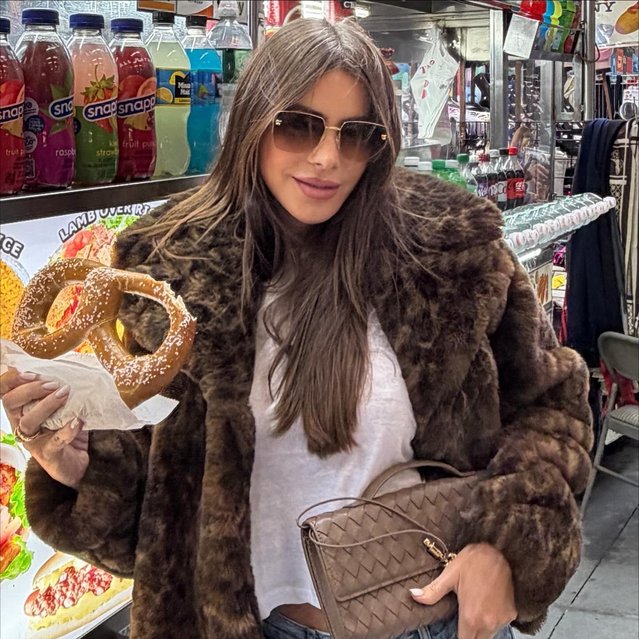 Colombian-American actress Sofía Vergara on October 20, 2025 keeps cozy in a Sofia jacket while snacking on a pretzel. (Photo by sofiavergara/Instagram)