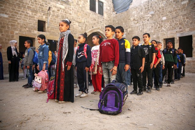 Palestinian students attend classes at the historic Al-Kamaliya School in the Al-Zaytoun neighborhood of Gaza City, reopened by the East Gaza Directorate of Education to resume learning after the war on November 1, 2025. (Photo by APAImages/Rex Features/Shutterstock)