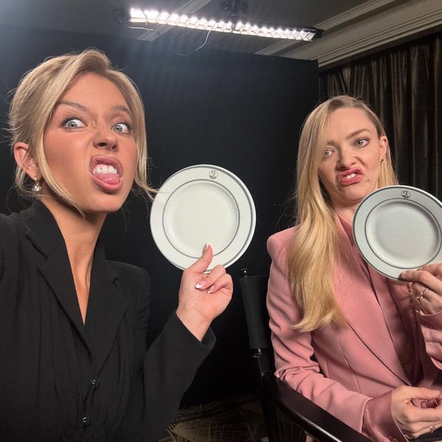 Actresses Sydney Sweeney (left) and Amanda Seyfried have some comic relief while on the NYC on December 7, 2025 press tour of their new thriller mystery movie, “The Housemaid”. (Photo by sydneysweeney/Instagram)