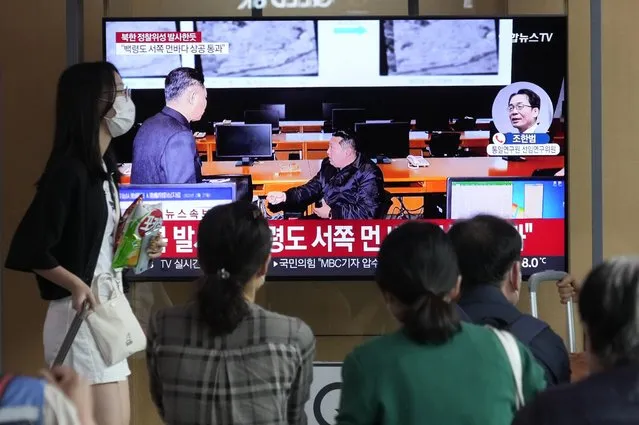 A TV screen shows a file image of North Korean leader Kim Jong Un during a news program at the Seoul Railway Station in Seoul, South Korea, Wednesday, May 31, 2023. North Korea launched a purported rocket Wednesday, a day after the country announced a plan to put its first military spy satellite into orbit, South Korea's military said. (Photo by Ahn Young-joon/AP Photo)