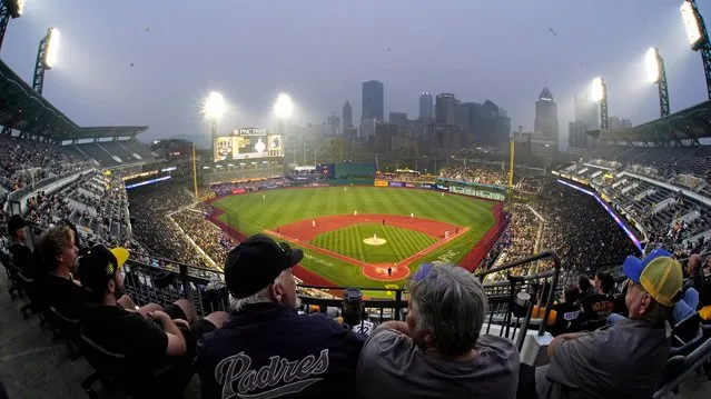 Haze from the Canadian forest fires hangs over PNC Park during a baseball game between the Pittsburgh Pirates and the San Diego Padres in Pittsburgh, Wednesday, June 28, 2023. The Pirates won 7-1. (Photo by Gene J. Puskar/AP Photo)