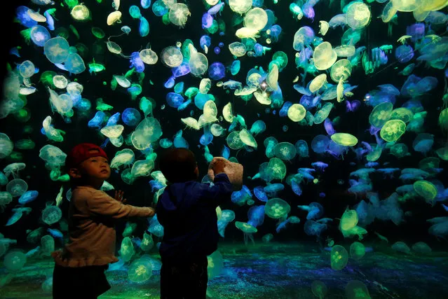 Young visitors stand in front of jellyfish at Chimelong Ocean Kingdom in Zhuhai, China September 4, 2018. (Photo by Bobby Yip/Reuters)
