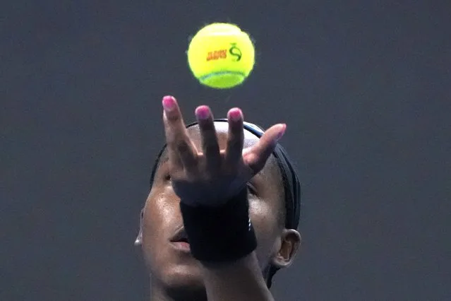 Coco Gauff of the United States serves against Ekaterina Alexandrova of Russia during the first round of the women's singles match in the China Open tennis tournament at the Lotus Court in Beijing, Monday, October 2, 2023. (Photo by Andy Wong/AP Photo)