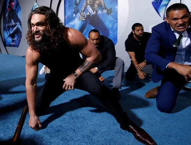 Cast member Jason Momoa performs a haka dance at the premiere for “Aquaman” in Los Angeles, California, U.S., December 12, 2018. (Photo by Mario Anzuoni/Reuters)