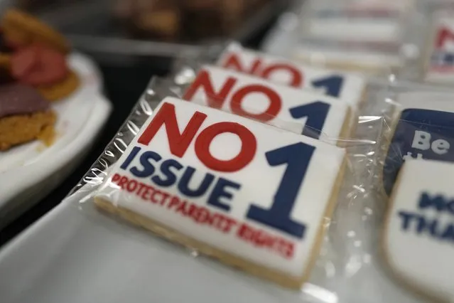 “NO Issue 1” cookies are displayed on the snack table during a watch party for opponents of Issue 1 at the Center for Christian Virtue in Columbus, Ohio, Tuesday, November 7, 2023. (Photo by Carolyn Kaster/AP Photo)