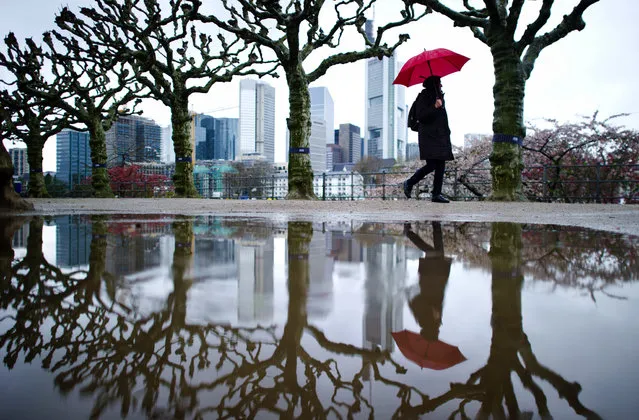 A woman is reflected in a puddle as she walks alongside the bank of the river Main in Frankfurt, Germany, Thursday, April 2, 2015. (Photo by Christoph Schmidt/AP Photo/DPA)