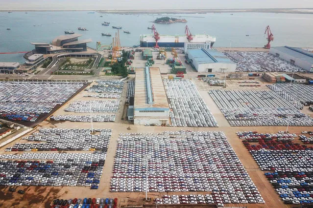 This aerial photo taken on September 7, 2021 shows a view of cars at Lianyungang Port in Lianyungang in China's eastern Jiangsu province. (Photo by AFP Photo/China Stringer Network)