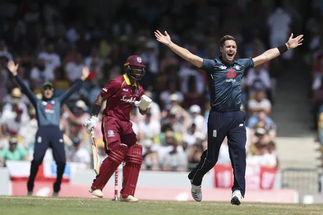 England's Chris Woakes unsuccessfully appeals for the wicket of West Indies' John Campbell during their first One Day International cricket match at the Kensington Oval in Bridgetown, Barbados, Wednesday, February 20, 2019. (Photo by Ricardo Mazalan/AP Photo)