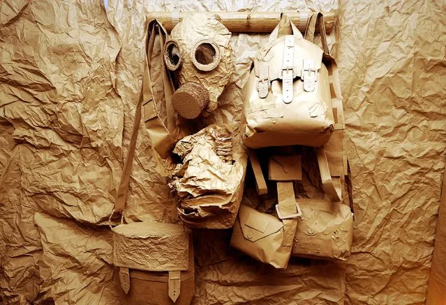 A gas mask at a paper and cardboard exhibition to commemorate First World War centenary at Birmingham University, Birmingham, on February 27, 2014. (Photo by Rui Vieira/PA Wire)