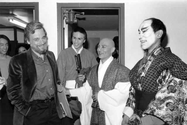 Composer-lyricist Stephen Sondheim, left, is shown with cast members of “Pacific Overtures” after the closing performance of the revival musical at New York's Church of the Heavenly Rest at York Theater, Sunday, April 14, 1984. The actors are, from left, Kevin Gray, Ernest Ababa, and Tony Marino. Sondheim, the songwriter who reshaped the American musical theater in the second half of the 20th century, has died at age 91. Sondheim's death was announced by his Texas-based attorney, Rick Pappas, who told The New York Times the composer died Friday, Nov. 26, 2021, at his home in Roxbury, Conn. (Photo by AP Photo, File)