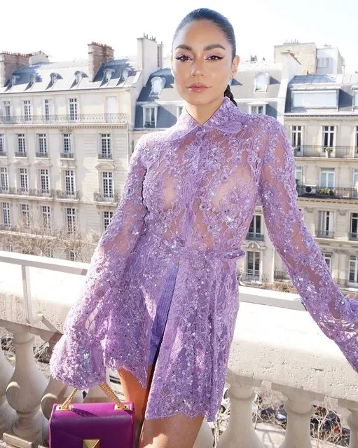 American actress and singer Vanessa Hudgens poses for a photo after the Valentino show on March 06, 2022 in Paris, France. (Photo by vanessahudgens/Instagram)