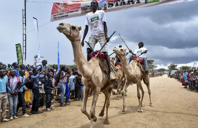 Participants cross the finish line as they take part in the annual Maralal Camel Derby in Maralal town, Samburu county, northern Kenya Saturday, August 31, 2019. The annual camel race, now in its 30th year, attracts both local and international competitors to the dusty desert town. (Photo by AP Photo/SIPA Press/Stringer)