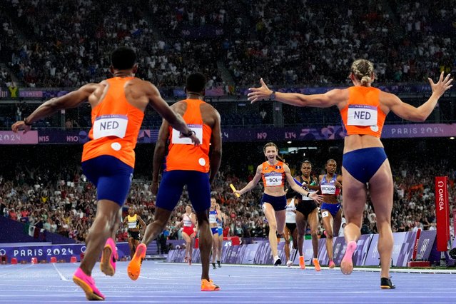 Femke Bol, of the Netherlands, celebrates was she anchors her team to victory in the 4x400-meter relay mixed final at the 2024 Summer Olympics, Saturday, August 3, 2024, in Saint-Denis, France. (Photo by Petr David Josek/AP Photo)