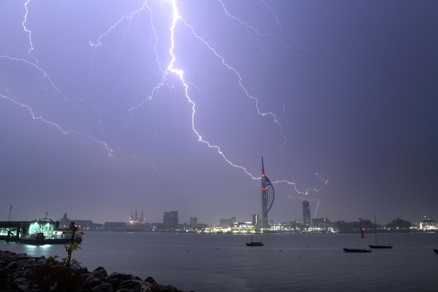 A thunder and lightning storm passed over Portsmouth in Hampshire, UK in the early hours of Thursday morning, May 2, 2024, between 1.30am and 3.30am. The lighting illuminated Portsmouth Harbour and the Spinnaker Tower. (Photo by Paul Jacobs/Picture Exclusive)