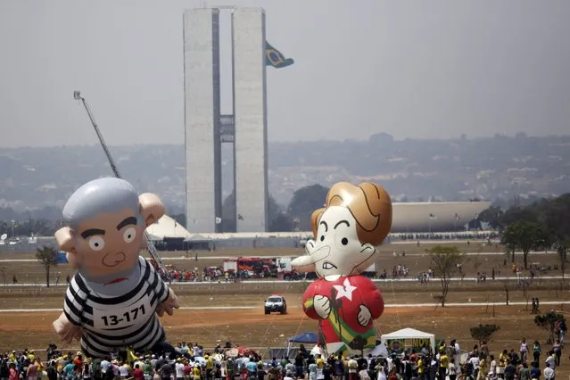 Giant inflatable dolls depicting former Brazilian President Luiz Inacio Lula da Silva (L), in prison attire, and Brazil's President Dilma Rousseff are seen during a protest against Brazil's President Rousseff and the Workers' Party in Brasilia, Brazil, September 7, 2015. (Photo by Ueslei Marcelino/Reuters)