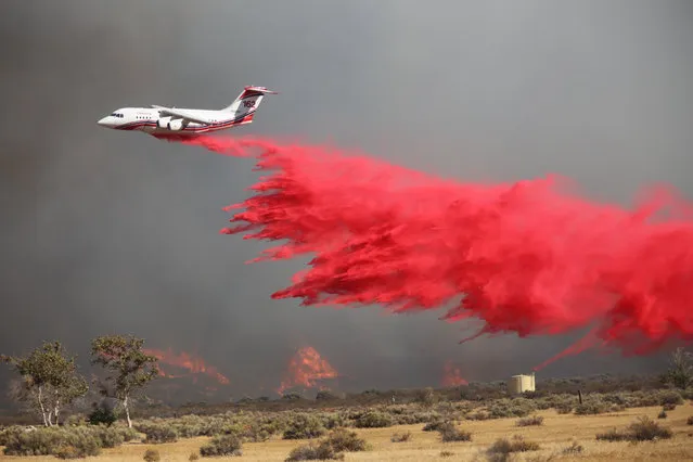 A tanker drops retardant on a wildfire fire east of Silverwood Lake Sunday, August 7, 2016, in Crestline, Calif. Firefighters are battling a wildfire in Southern California that grew to more than 2 square miles in mere hours and forced the evacuation of homes near a reservoir. The fire is burning about 55 miles east of Los Angeles in a remote area near Silverwood Lake, a state recreation area, near the small mountain community of Crestline. (Photo by John M. Blodgett/The Inland Valley Daily Bulletin via AP Photo)