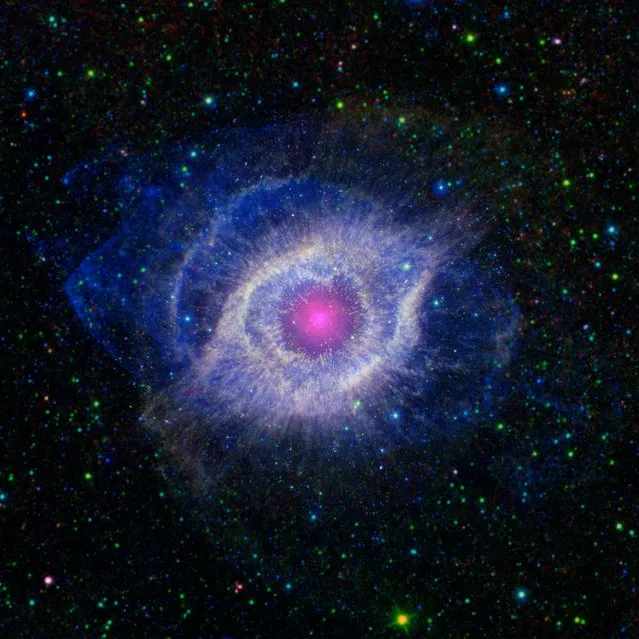 A dying star is throwing a cosmic tantrum in this combined image from NASA's Spitzer Space Telescope and the Galaxy Evolution Explorer, on October 4, 2012. In death, the star's dusty outer layers are unraveling into space, glowing from the intense ultraviolet radiation being pumped out by the hot stellar core. This object called the Helix nebula, lies 650 light-years away in the constellation of Aquarius. (Photo by NASA)